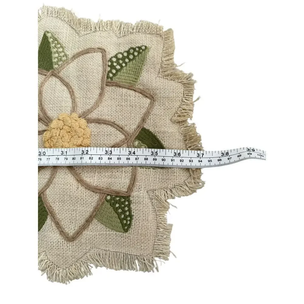 Pier 1 Imports Table Runner 37”x14” Tan Green Floral Natural Fiber Embroidered